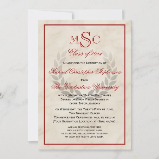 Marble Wreath Monogram Classic College Graduing Kaart (Voorkant)