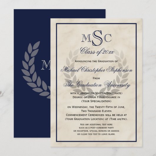 Marble Wreath Monogram Classic College Graduing Kaart (Voorkant / Achterkant)