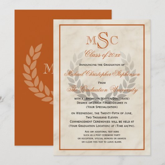 Marble Wreath Monogram Classic College Graduing Kaart (Voorkant / Achterkant)