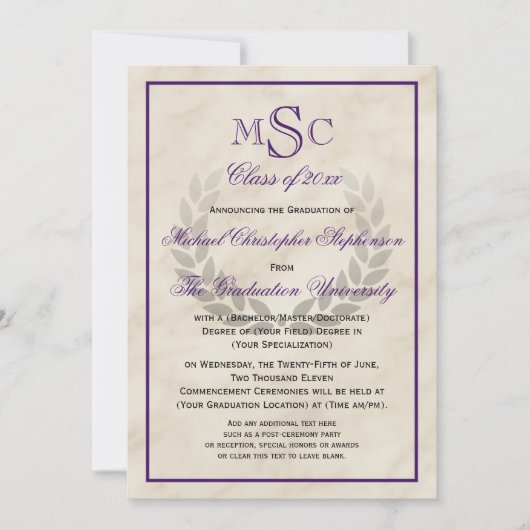Marble Wreath Monogram Classic College Graduing Kaart (Voorkant)