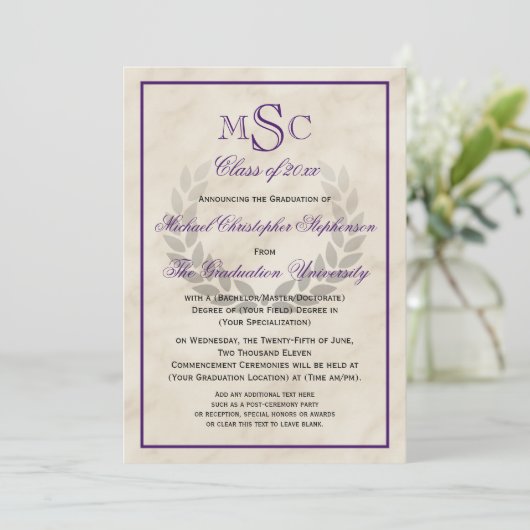 Marble Wreath Monogram Classic College Graduing Kaart (Staand voorkant)