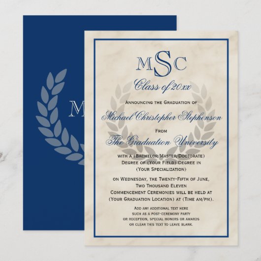 Marble Wreath Monogram Classic College Graduing Kaart (Voorkant / Achterkant)