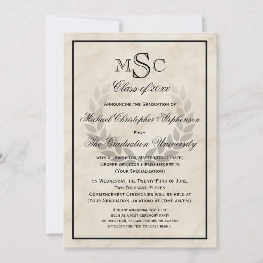 Marble Wreath Monogram Classic College Graduing Kaart (Voorkant)