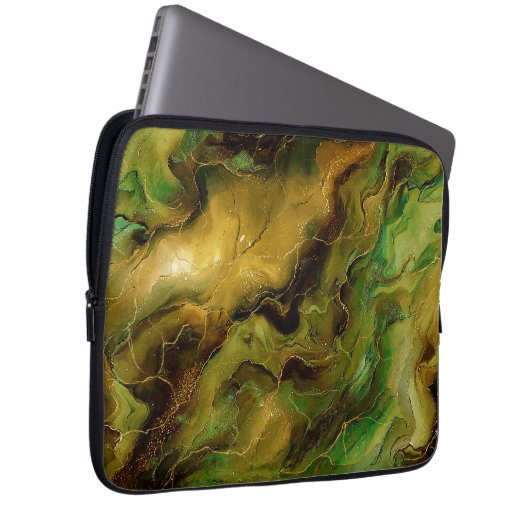 Marbled Effect in Green and Gold Laptop Sleeve (Voorkant Rechts)