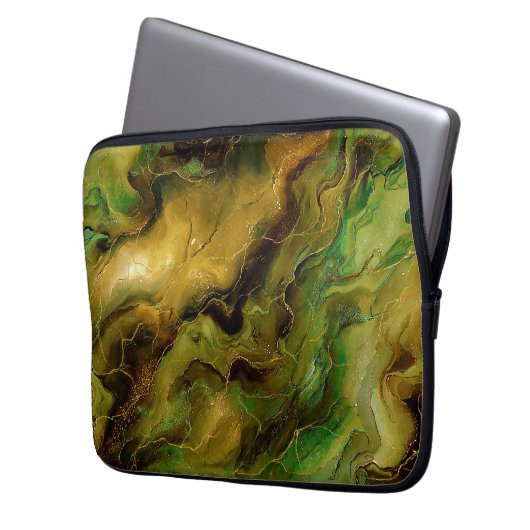 Marbled Effect in Green and Gold Laptop Sleeve (Voorkant Links)