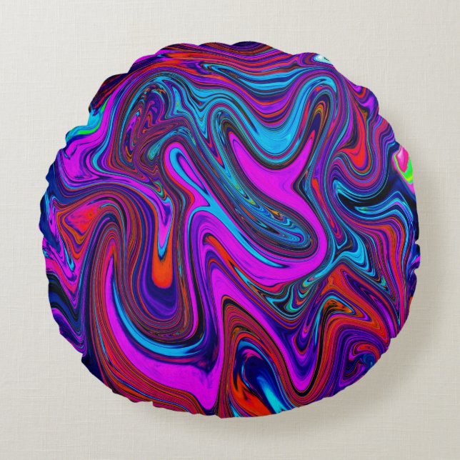 Marbled Magenta, Blue and Red Abstract Art Rond Kussen (Voorkant)
