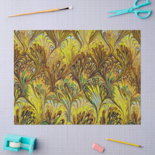 MARBLED PAPER,ABSTRACT YELLOW PEACOCK PATTERN TISSUEPAPIER (Craft)