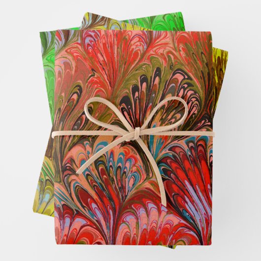 MARBLED PAPIER, ABSTRACT RODE GROEN GEEL PATROON INPAKPAPIER VEL (In situ)