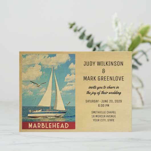 Marblehead Wedding Invitation Sailboat Kaart (Staand voorkant)