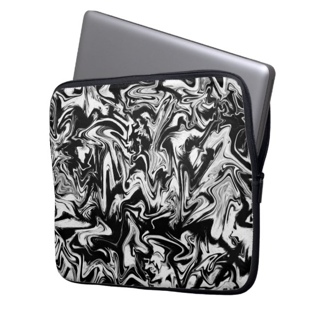 Marbleized Black en White Modern Abstract kunstwer Laptop Sleeve (Voorkant Links)