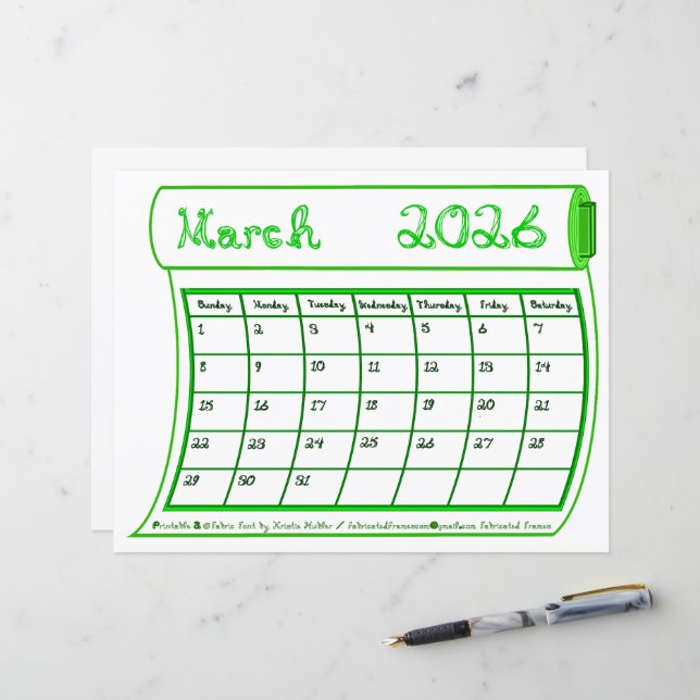 March 2026 Month Green Line Art Fabric Font Paper (Voorkant / Achterkant in situ)