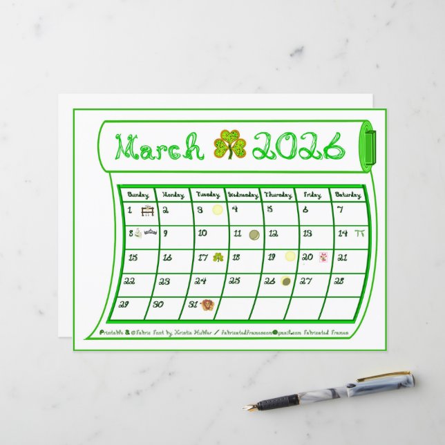March 2026 Month Green Line Fabric Font Art Paper (Voorkant / Achterkant in situ)