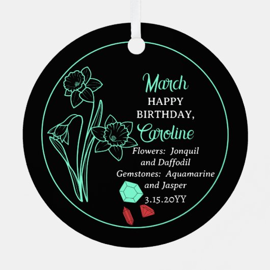 March Daffodil | Aquamarijn Verjaardag Keepsake Metalen Ornament (Achterkant)