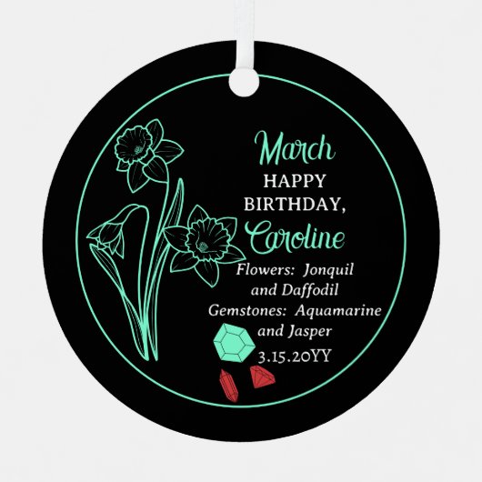 March Daffodil | Aquamarijn Verjaardag Keepsake Metalen Ornament (Voorkant)