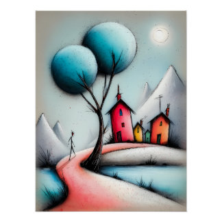 Märchenhafte Cartoon Landschaft mit Weg und Häuser Perfect Poster