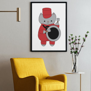 Marching Band Bass Drummer Cat Rood en Zwart Poster