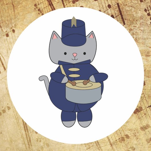 Marching Band Cat Drum Navy Blue Gold Ronde Sticker