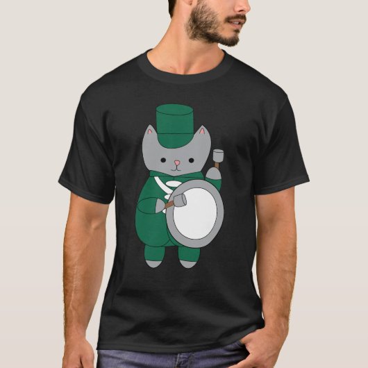 Marching Band Drummer Cat Animal Green White T-shirt (Voorkant)
