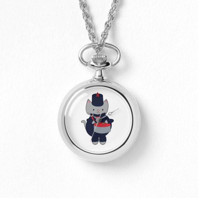 Marching Band Drummer Kat Navyblauw Rood Horloge (Voorkant)