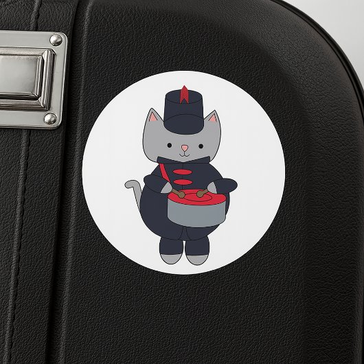 Marching Band Gray Cat Drum Navy Blue Red Ronde Sticker