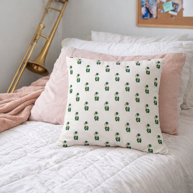 Marching Band Konijn met Trombone Groen Goud Kussen (A throw pillow with a pattern of white bunny rabbits holding a trombone.)