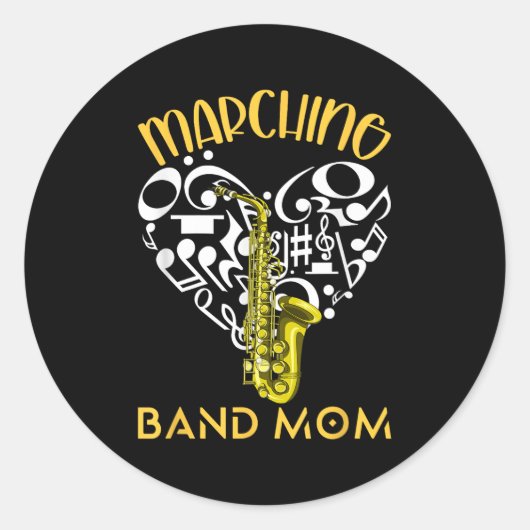 Marching Band Mom Heart Love Music Notes Saxophone Ronde Sticker (Voorkant)