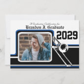 Marching Band Trombone Afstuderen Foto Blauw Kaart (Voorkant)