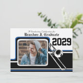 Marching Band Trombone Afstuderen Foto Blauw Kaart (Staand voorkant)