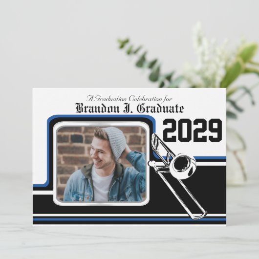 Marching Band Trombone Afstuderen Foto Blauw Kaart (Staand voorkant)