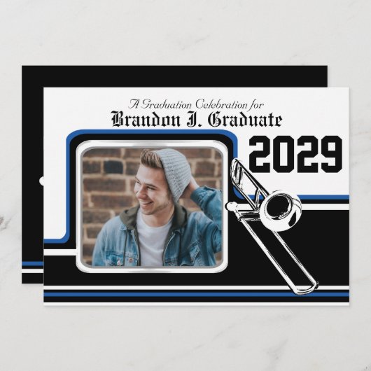 Marching Band Trombone Afstuderen Foto Blauw Kaart (Voorkant / Achterkant)