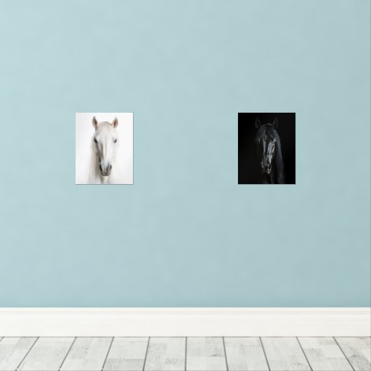 Marching zwart wit paard portretten muurkunst sets (Houten vloer)