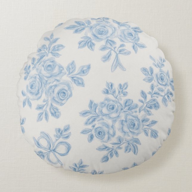 Marcie and Lour Blue Floral Rond Kussen (Voorkant)