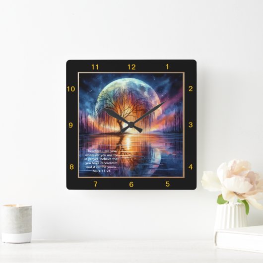 Marcus 11:24 Gebedstijd: Gepersonaliseerde Schrift Vierkante Klok (Huis)