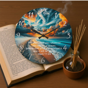 Marcus 11:24 Kruis Zonsondergang Oceaan Geloof Grote Klok