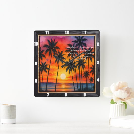 Marcus 11:24 Zonsondergang Palmen Gebedsvers Vierkante Klok (Huis)