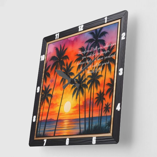 Marcus 11:24 Zonsondergang Palmen Gebedsvers Vierkante Klok (Hoek)