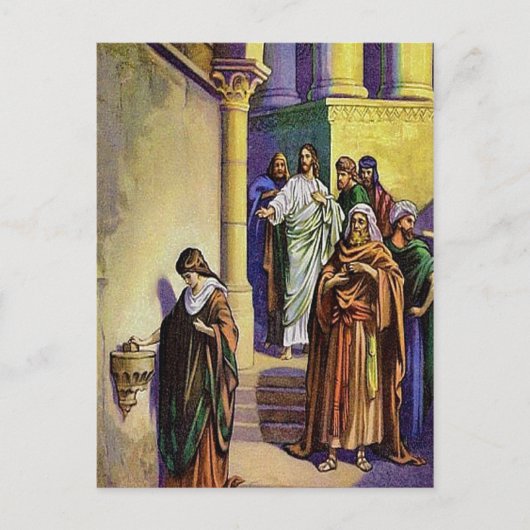 Marcus 12:41-44 Een weduwe geeft alles wat ze heef Briefkaart (Voorkant)