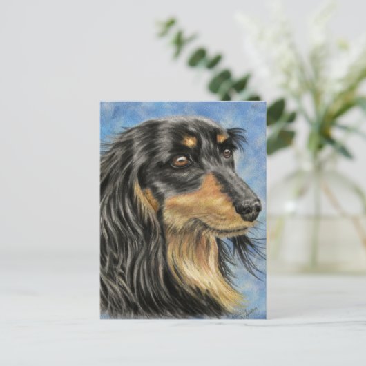 Marcus - Lange Haired Dachshund Art Briefkaart (Staand voorkant)