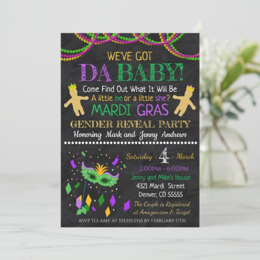 Mardi Afstudeerder Gender Reveal Party Invitation Kaart (Staand voorkant)