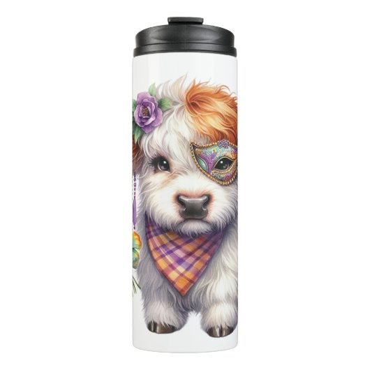 Mardi Gra Highland Koe Thermosbeker (Voorkant)