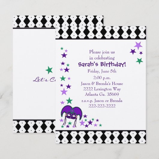 Mardi Gra Theme Birthday Kaart (Voorkant / Achterkant)