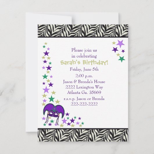 Mardi Gra Theme Birthday Party Invitation Kaart (Voorkant)