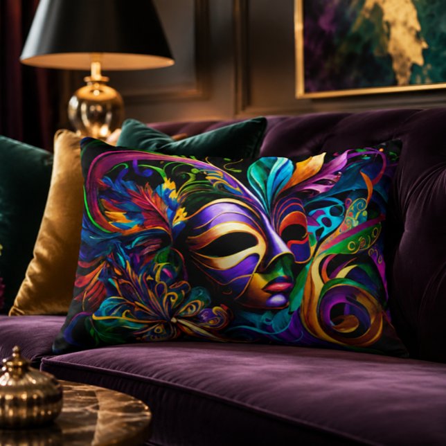 Mardi Gras 16x12 accentkussen Accent Kussen (Mardi Gras Poster | Masquerade Mask | New Orleans Art Print | Vibrant NOLA Carnival Abstract Art)