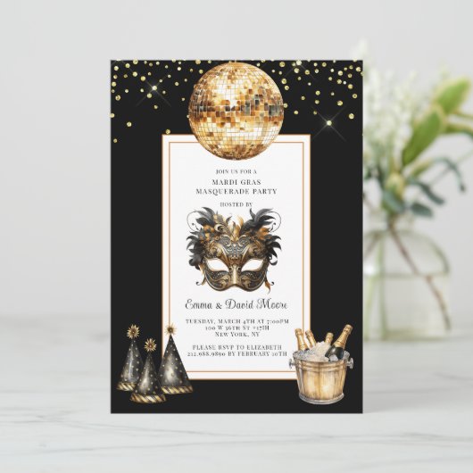 Mardi Gras 2026 Black Gold Glitter Kaart (Staand voorkant)