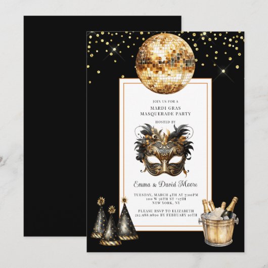 Mardi Gras 2026 Black Gold Glitter Kaart (Voorkant / Achterkant)