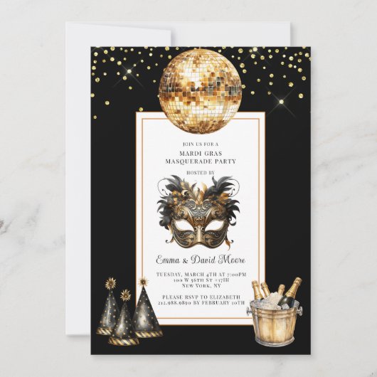 Mardi Gras 2026 Zwarte Gouden Glitter Kaart (Voorkant)