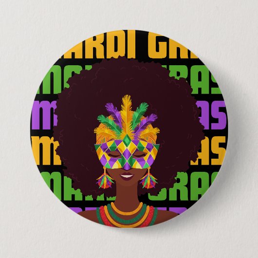 MARDI GRAS Afro Queen Ronde Button 7,6 Cm (Voorkant)