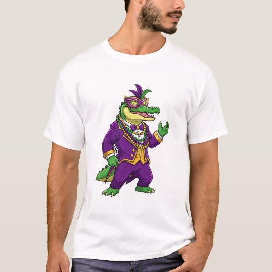 Mardi Gras Alligator King in Purple Suit and Mask  T-shirt (Voorkant)