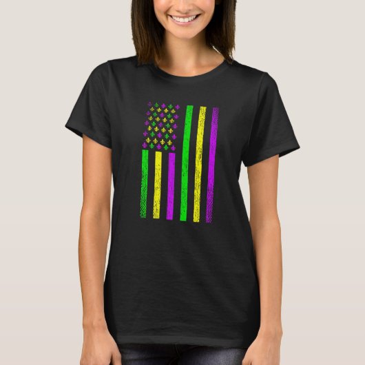 Mardi Gras American Flag USA Distressed Fleur De L T-shirt (Voorkant)