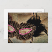 Mardi Gras  Antiek Script Roze bruin masker Briefkaart (Voorkant / Achterkant)